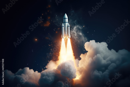 The rocket takes off upwards leaving clouds of smoke underneath, isolated on dark background with copy space. Wallpaper of science, space travel, space exploration. Generative AI photo imitation