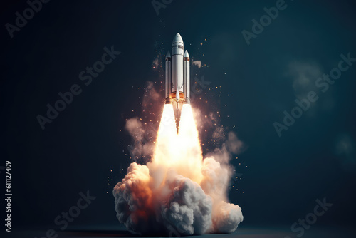 The rocket takes off upwards leaving fire, clouds of smoke underneath, isolated on dark background with copy space. Concept of science, space travel, space exploration. Generative AI photo imitation