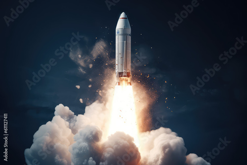 The rocket flies off upwards leaving clouds of smoke underneath, isolated on dark background with copy space. Concept of science, space travel, space exploration. Generative AI photo imitation