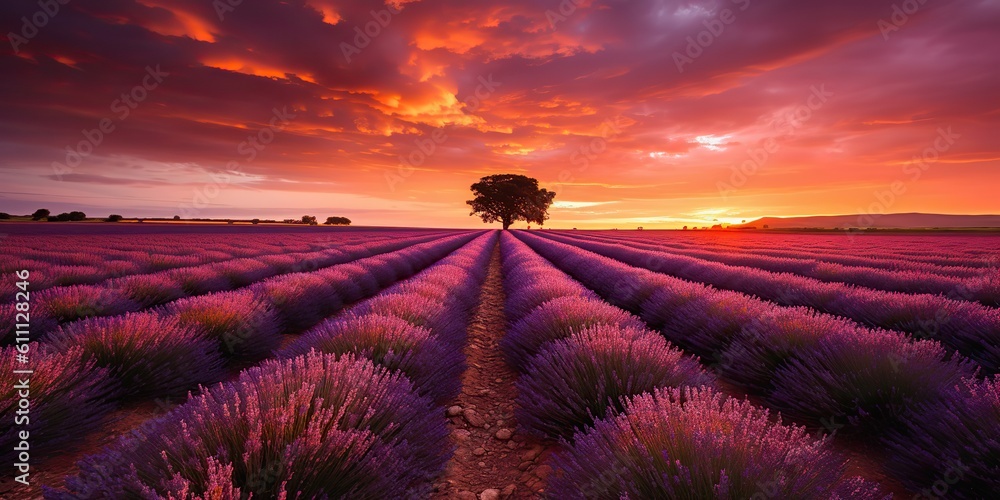 Fototapeta premium AI Generated. AI Generative. Beautiful pink lavender field. Wild nature adventure farm garden. Graphic Art