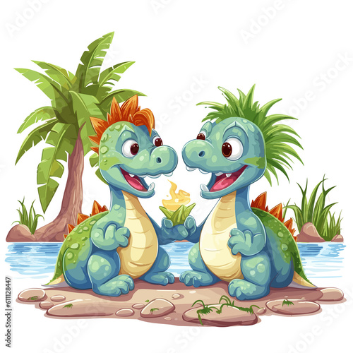 Cartoon Dinosaurs eating grass by the river Design  Png  illustration  Generative AI