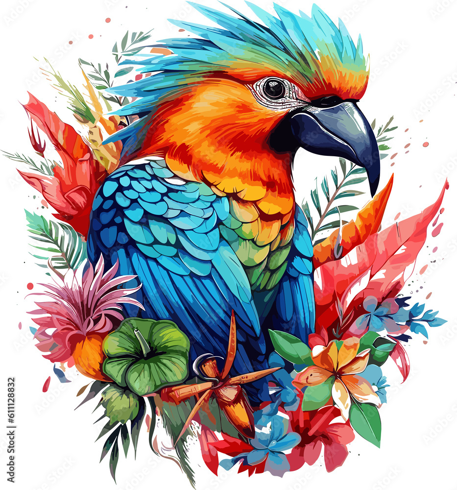 Fototapeta premium Parrot on a branch, With flowers