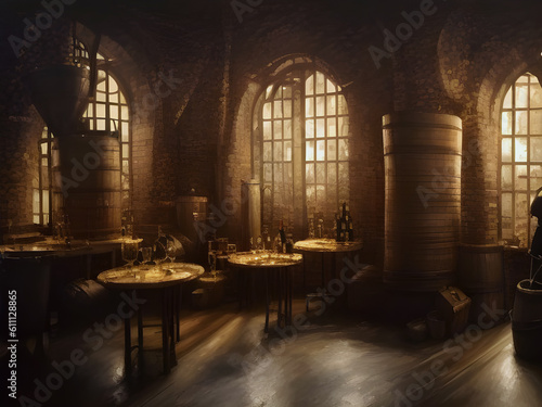 The interior of an old wine bar full of bottles and glasses on table and barrels of wine. generative ai illustration © Philip J Openshaw 