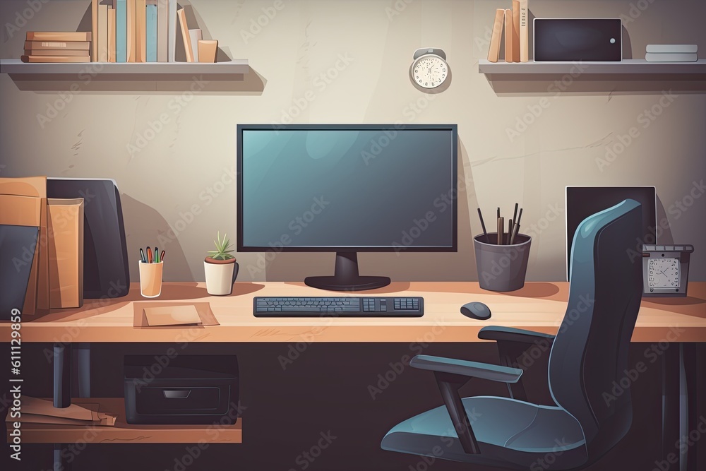 Workplace with computer. Workplace in a modern office illustration. Decorated office desk with a computer and other stationery, AI Generated