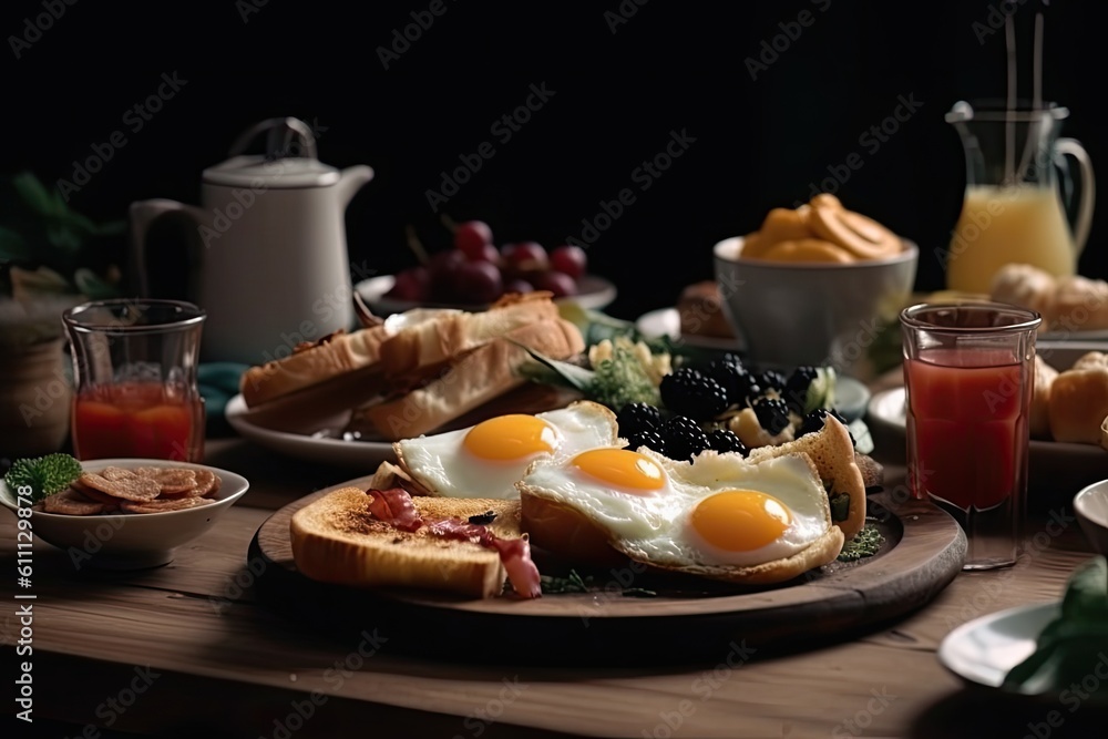 Breakfast with eggs, croissants and fruits on wooden table, Delicious breakfast dishes on the table with beverage, AI Generated Breakfast with eggs, croissants and fruits on wooden table, Delicious breakfast dishes on the table with beverage, AI Generated