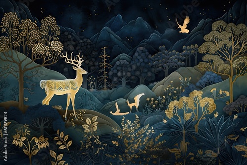 Illustration of a forest with reindeer in the night. Dark blue mural wallpaper from the contemporary era  AI Generated