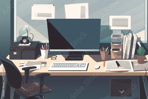 Wallpaper Mural Workplace with computer and equipment. Workplace in office illustration, Decorated office desk with a computer and other stationery, AI Generated Torontodigital.ca