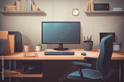 Wallpaper Mural Workplace with computer. Workplace in a modern office illustration. Decorated office desk with a computer and other stationery, AI Generated Torontodigital.ca