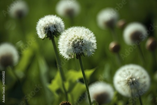 Dandelions have bloomed on the green grass this summer  and the light is beaming on them. Generative AI