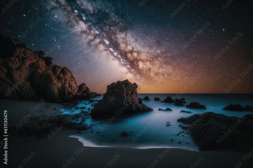 serene night sky over rocky ocean waves. Generative AI