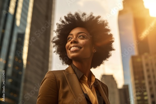 Fotografering Happy wealthy rich successful black businesswoman standing in big city modern skyscrapers street on sunset thinking of successful vision, dreaming of new investment opportunities