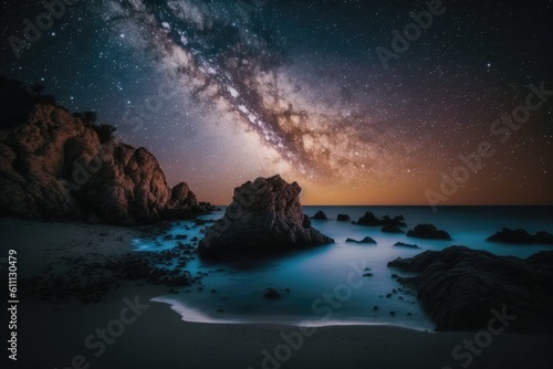 serene night sky over rocky ocean waves. Generative AI © AkuAku