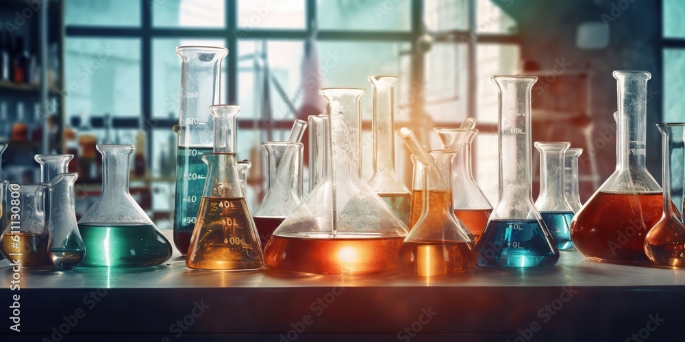 AI Generated. AI Generative. Chemistry lab laboratory technical equipment with many glassware bottle for medicine research. Graphic Art AI Generated. AI Generative. Chemistry lab laboratory technical equipment with many glassware bottle for medicine research. Graphic Art