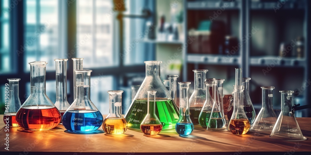 AI Generated. AI Generative. Chemistry lab laboratory technical equipment with many glassware bottle for medicine research. Graphic Art AI Generated. AI Generative. Chemistry lab laboratory technical equipment with many glassware bottle for medicine research. Graphic Art