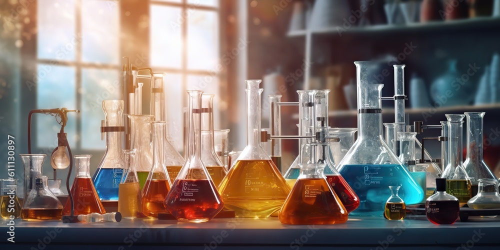 AI Generated. AI Generative. Chemistry lab laboratory technical equipment with many glassware bottle for medicine research. Graphic Art AI Generated. AI Generative. Chemistry lab laboratory technical equipment with many glassware bottle for medicine research. Graphic Art