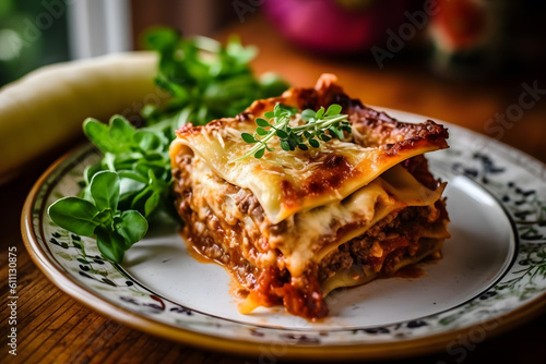 Deliciousness of a perfectly cooked slice of lasagna on a rustic kitchen table