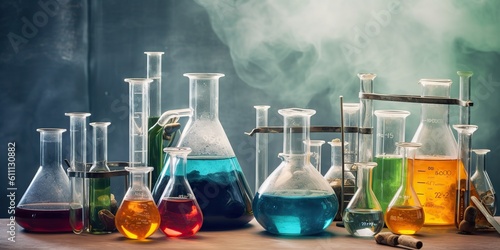 AI Generated. AI Generative. Chemistry lab laboratory technical equipment with many glassware bottle for medicine research. Graphic Art