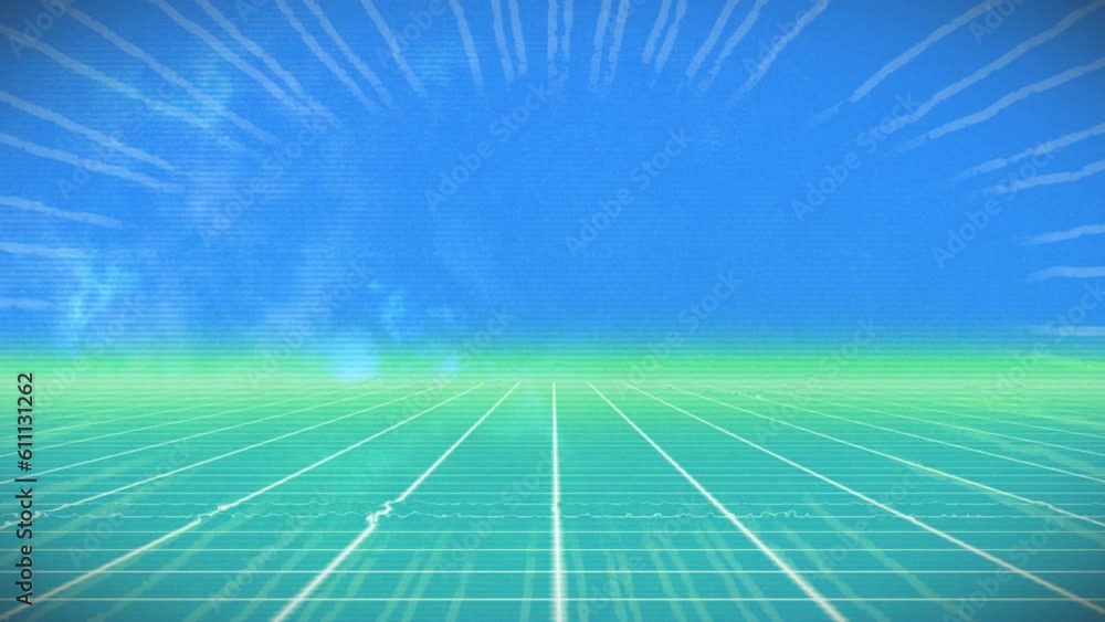 Animation of computing data processing over blue and green grid Animation of computing data processing over blue and green grid