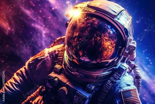 Close up view of astronaut helmet in deep space, ai generated