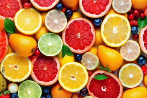 Arrangement of sliced mixed citrus fruits, including oranges, lemons, and grapefruits, combined with an assortment of colorful berries such as strawberries, blueberries, and raspberries.