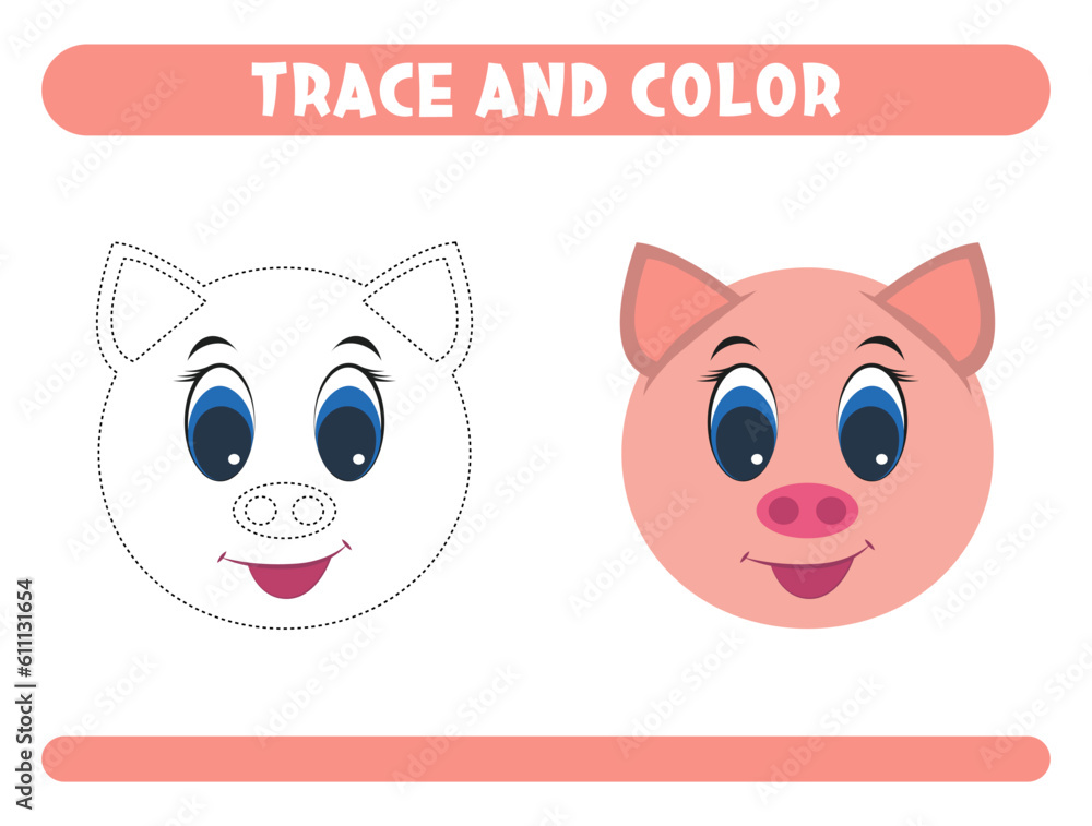 Trace and color cute pig. Worksheet for kids 
