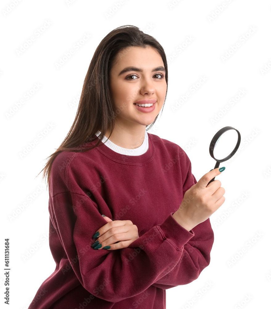 Young woman with magnifier on white background Young woman with magnifier on white background