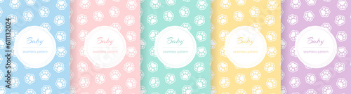 Cute baby seamless pattern. Repeating kid pattern. Girls and boys prints design. Repeated pastel paw wallpaper. Repeat child background. Soft blue, pink, yellow, green color. Vector illustration