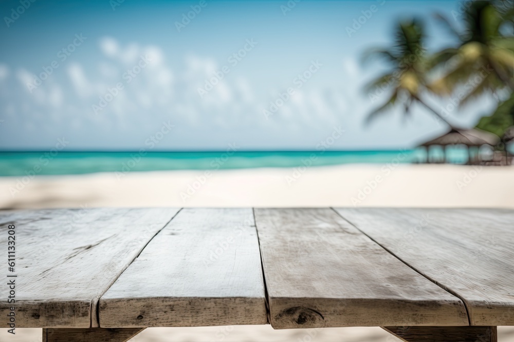 assemblage of wooden table tops Background image of a sandy beach in the summer with a hazy sea view and a beach chair for relaxation. Generative AI
