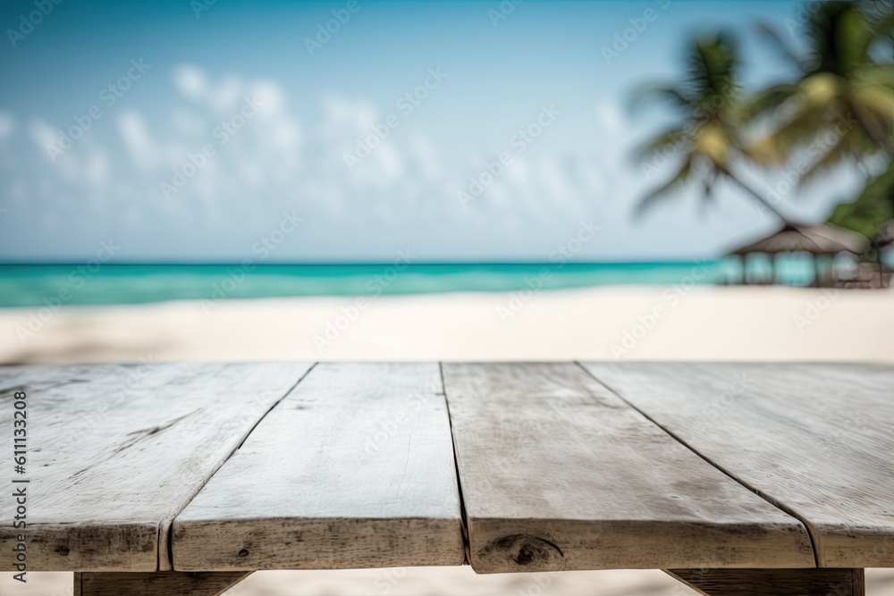 Fototapeta premium assemblage of wooden table tops Background image of a sandy beach in the summer with a hazy sea view and a beach chair for relaxation. Generative AI