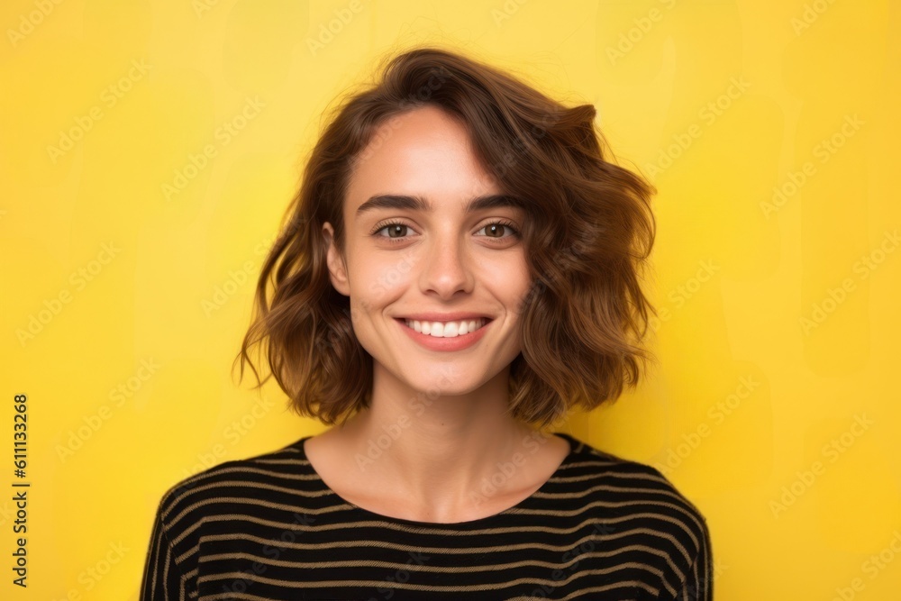 Happy brunette woman smiling, isolated on plain yellow background. Generative AI illustration. Happy brunette woman smiling, isolated on plain yellow background. Generative AI illustration.