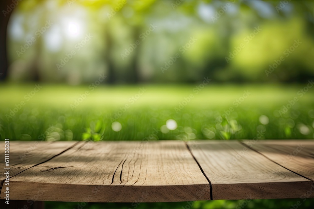 A wooden table in a spring garden. Generative AI A wooden table in a spring garden. Generative AI