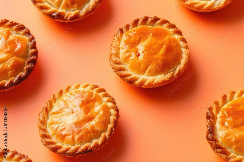 Closeup Top view of small ruddy pies isolated on a flat orange background. Pattern with patties and copy space. Generative AI professional photo imitation. Closeup Top view of small ruddy pies isolated on a flat orange background. Pattern with patties and copy space. Generative AI professional photo imitation.