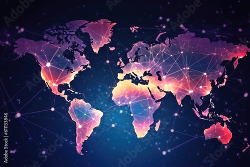 World map with network structures globalization concept created with generative AI technology. photo