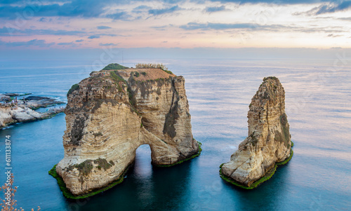 Raouche or pigeons rocks sea panorama in a sunset time, Beirut, Lebanon