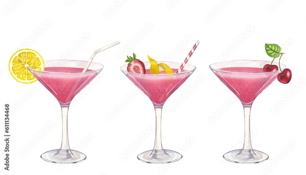 Batch pink cocktail glass or alcoholic Cosmopolitan. Strawberry, lemon, cherry, ice, straw. Hand drawn watercolor illustration isolated on white background. For bar restaurant menu