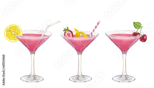 Batch pink cocktail glass or alcoholic Cosmopolitan. Strawberry, lemon, cherry, ice, straw. Hand drawn watercolor illustration isolated on white background. For bar restaurant menu
