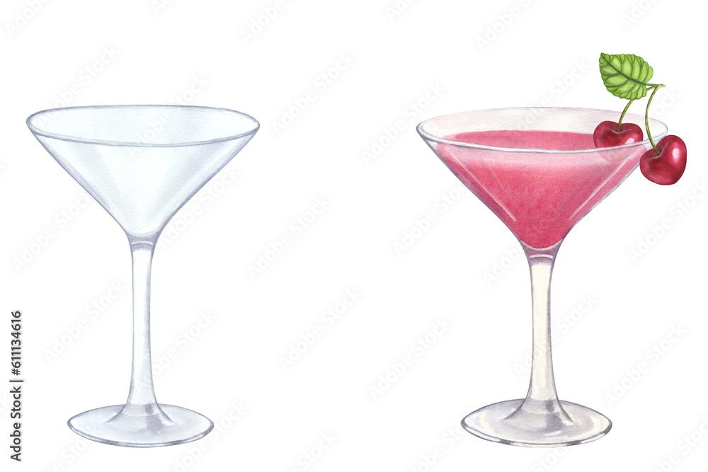 Cocktail pink alcoholic Cosmopolitan, empty transparent glass. Strawberry, lemon, ice, straw. Hand drawn watercolor illustration isolated on white background. For bar restaurant menu