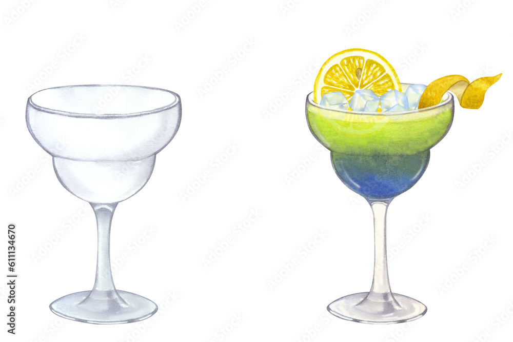 Blue green beach cocktail, empty transparent glass. Lemon, ice. Summer tropical drink. Party time. Hand-drawn watercolor illustration on white background. For cafe restaurant bar menu