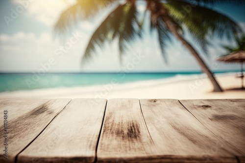 Blur tropical beach in the summer with an abstract background of sunlight and a wooden table for montage with copy space. Wonderful concept for a corporate nature trip and summer Generative AI
