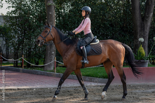 A young female rider riding a horse in a riding class