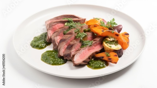 A plate of grilled skirt steak with chimichurri sauce and roasted vegetables on White Background with copy space for your text created with generative AI technology