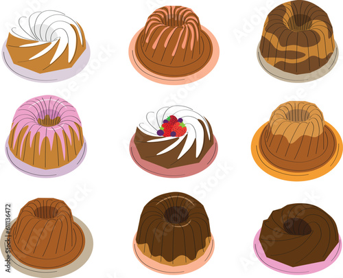 Bundt cake colorful variations with black lines, glazed, chocolate, lemon, sugar topping. Vector illustrations for bundt cake icons.