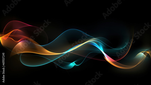 Colored smoke on black background. Wavy smoky strokes with smooth transitions of red, yellow and blue. Abstract 3D banner. Generative Ai.