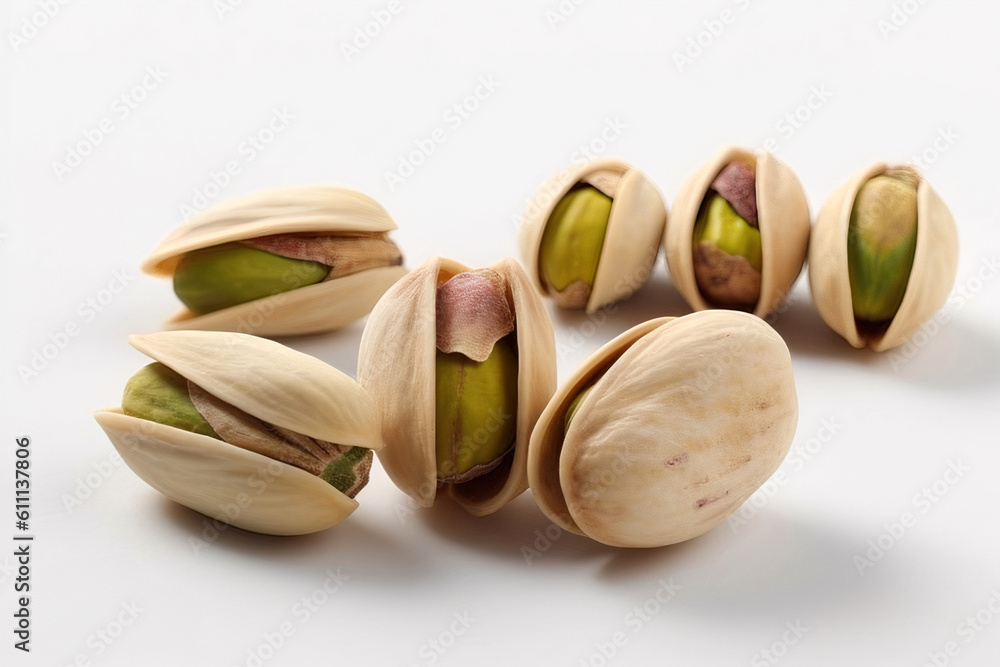 Close-up pistachios. Delicious ripe pistachios. Peanuts on a white background. Close-up pistachios. Delicious ripe pistachios. Peanuts on a white background.