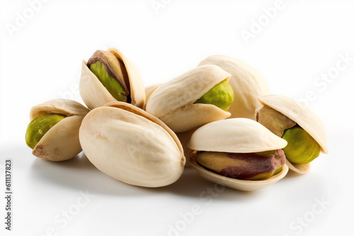 Close-up pistachios. Delicious ripe pistachios. Peanuts on a white background.
