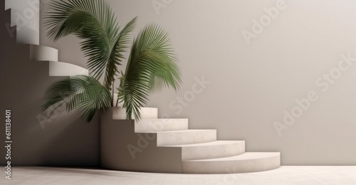 An empty room surrounded by a palm tree and white drywall, Illustration AI Generative.