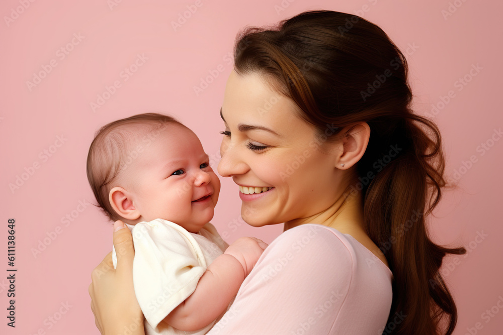 Happy mother's day, mom and her young girl, smiling together, pink background, generative ai Happy mother's day, mom and her young girl, smiling together, pink background, generative ai