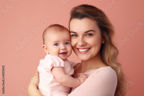 Happy mother's day, mom and her young girl, smiling together, pink background, generative ai