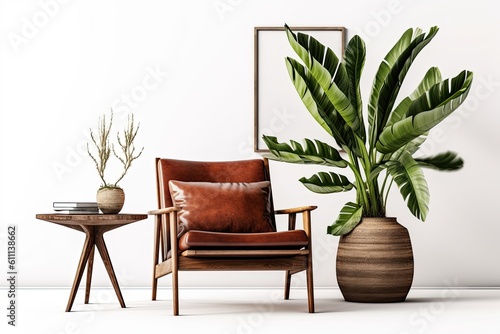 Horizontal 8x10 Frame mockup of a bohemian dwelling. a single horizontal wood frame, a plant in a vase, a bohemian chair, and a wall. Generative AI