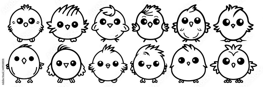 Kawaii bird silhouettes set, large pack of vector silhouette design, isolated white background Kawaii bird silhouettes set, large pack of vector silhouette design, isolated white background